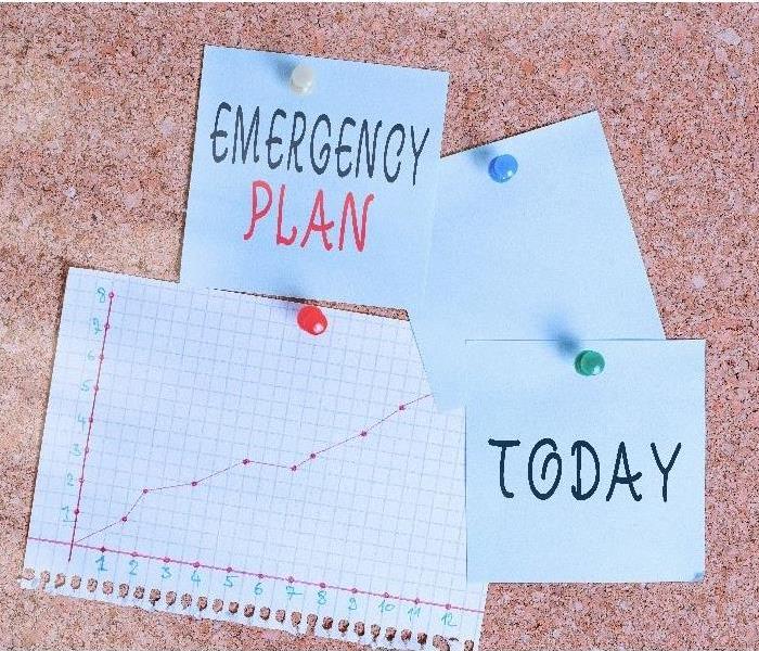 Corkboard with sticky notes on it saying emergency plan